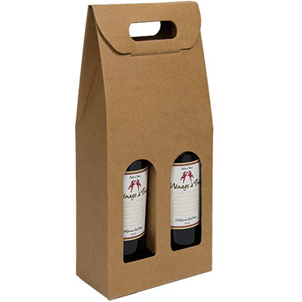 Natural Brown Kraft 2 Bottle Wine Carrier Boxes Handled Carrier Wine