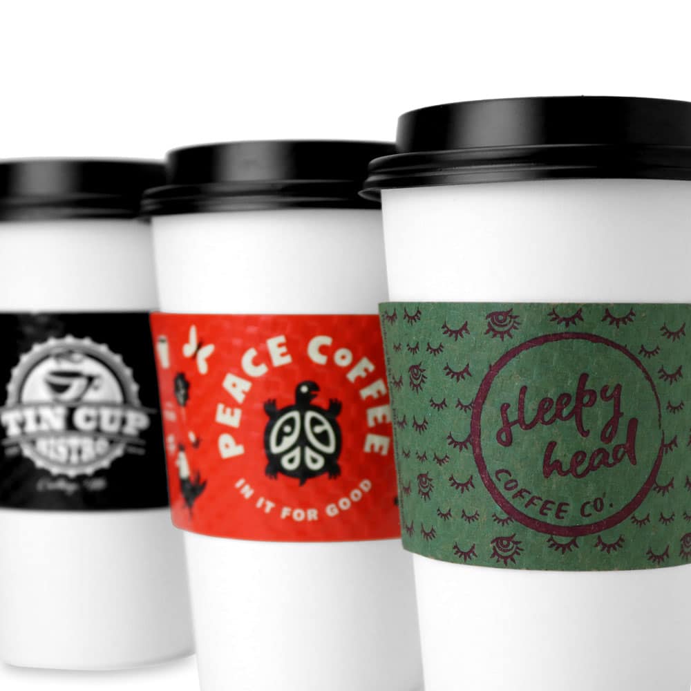 3 different coffee sleeves with logos