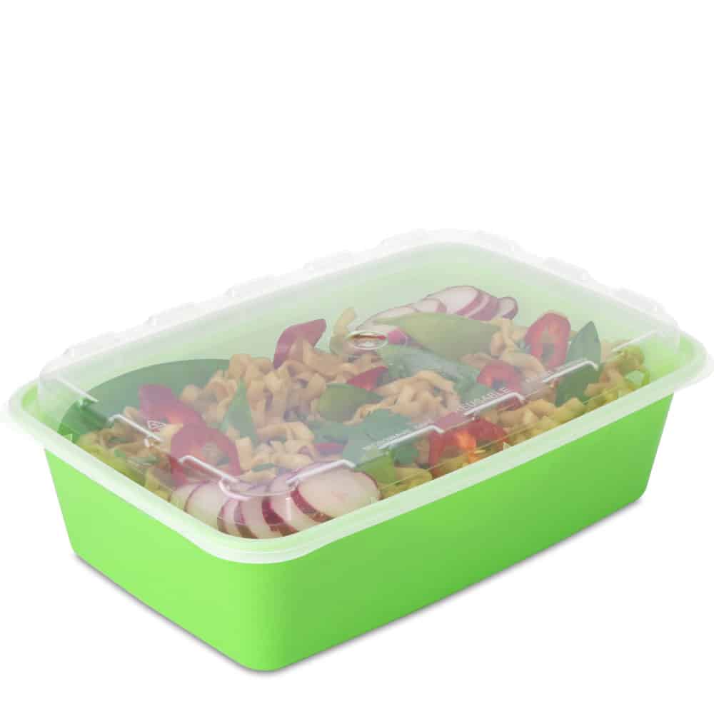 green takeout container with food inside
