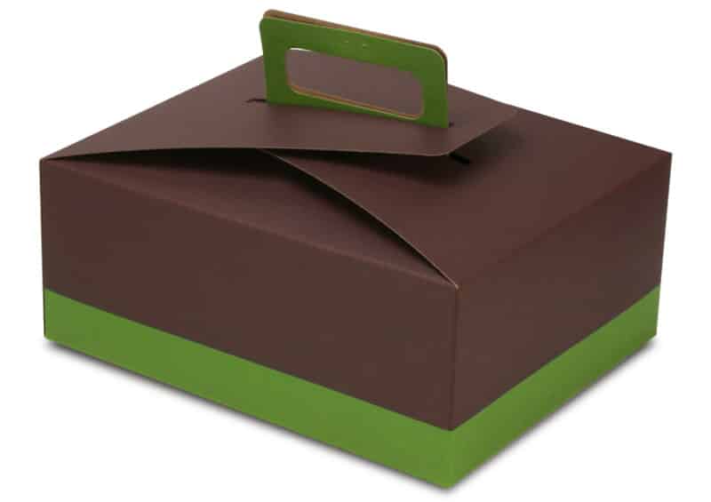 green and chocolate handle takeout box