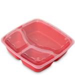 48 oz. 3 Compartment Meal Prep / Takeout Container w. Lid Vents - Red Base / Clear Lid