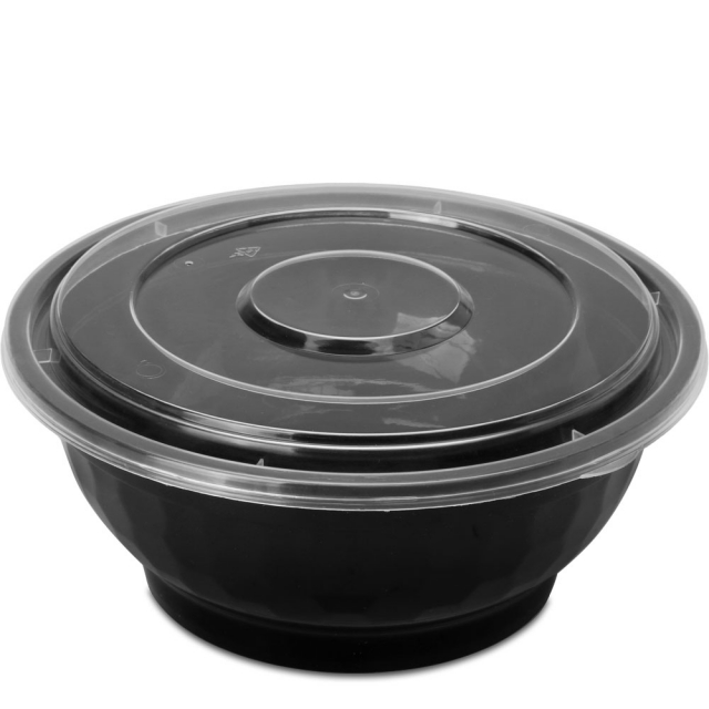 32 oz. Black Round Plastic Noodle Bowls w. Lid