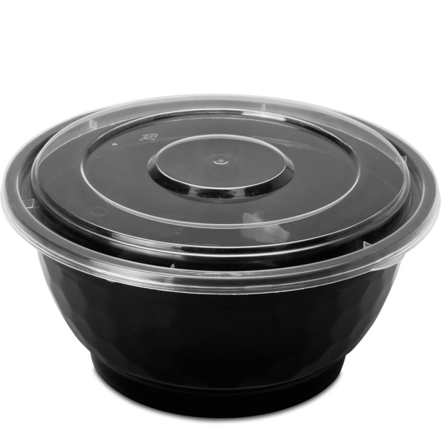 42 oz. Black Round Plastic Noodle Bowls w. Lid