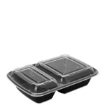 32 oz. Black Two Compartment Plastic Food Container Combo Pack with Divided Lid