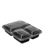 33 oz. Black Three Compartment Plastic Food Container Combo Pack with Divided Lid