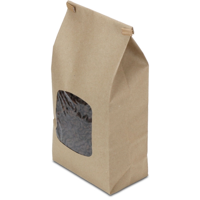 1 lb. Compostable Brown Kraft Paper Tin Tie Bags w. PLA Liner and Window