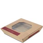 18 in. Catering Square with Window - Natural Brown Kraft with Red "Tasty", "Enjoy" Design