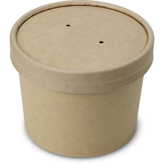 Brown Kraft Paper Soup Cup w. Vented Lids and PLA Liner - 12 oz.