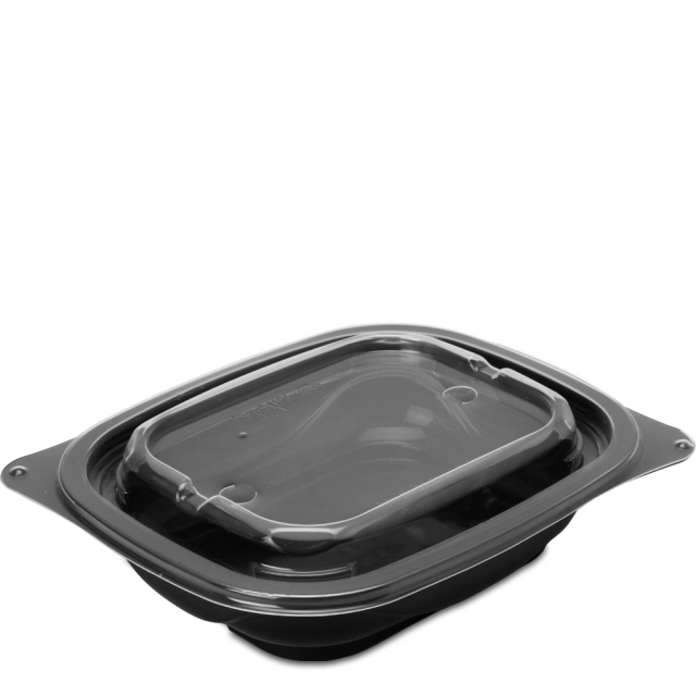 8 oz. Single-Compartment Black Reusable Food Tray with Clear Lids