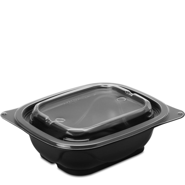 12 oz. Single-Compartment Black Reusable Food Tray with Clear Lids