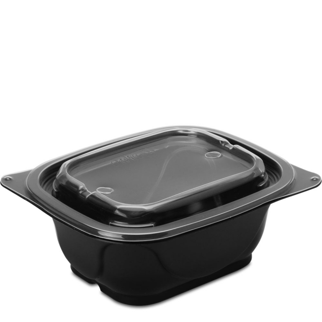 16 oz. Single-Compartment Black Reusable Food Tray with Clear Lids