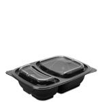 24 oz. Two-Compartment Black Reusable Food Tray with Clear Lids