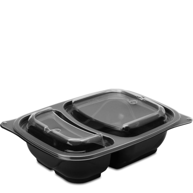 24 oz. Two-Compartment Black Reusable Food Tray with Clear Lids