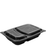 32 oz. Two-Compartment Shallow Black Reusable Food Tray with Clear Lids