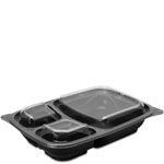 32 oz. Three-Compartment Shallow Black Reusable Food Tray with Clear Lids