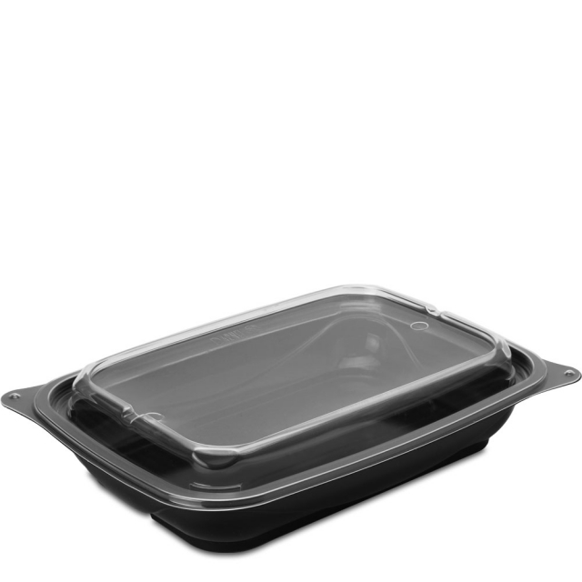 32 oz. Single-Compartment Shallow Black Reusable Food Tray with Clear Lids