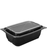 64 oz. Single-Compartment Shallow Black Reusable Food Tray with Clear Lids