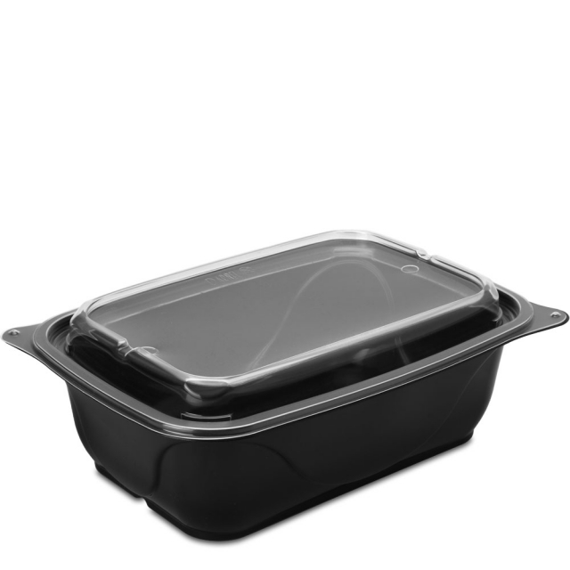 64 oz. Single-Compartment Shallow Black Reusable Food Tray with Clear Lids