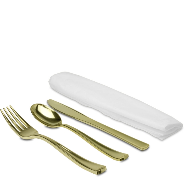 Gold 3 pc Cutlery Set Rolled in a White Napkin