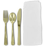 Gold 3 pc Cutlery Set Rolled in a White Napkin