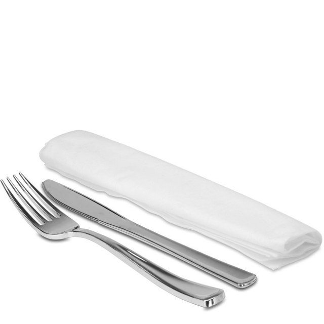 Silver Knife and Fork Rolled in a White Napkin