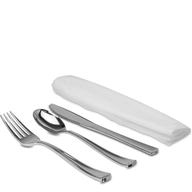 Silver 3 pc Cutlery Set Rolled in a White Napkin