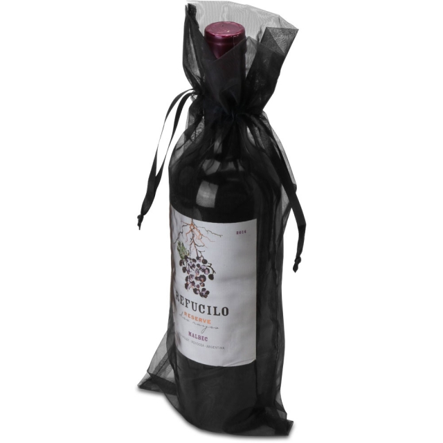 Black Sheer Organza Wine Bags with Ribbon Drawstring