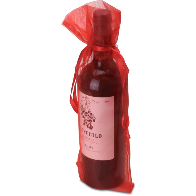 Red Sheer Organza Wine Bags with Ribbon Drawstring