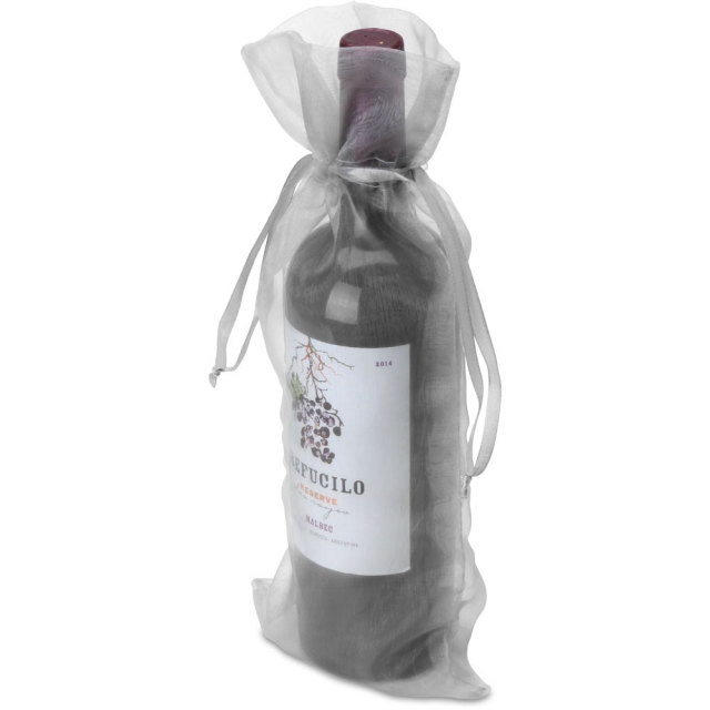 Silver Sheer Organza Wine Bags with Ribbon Drawstring