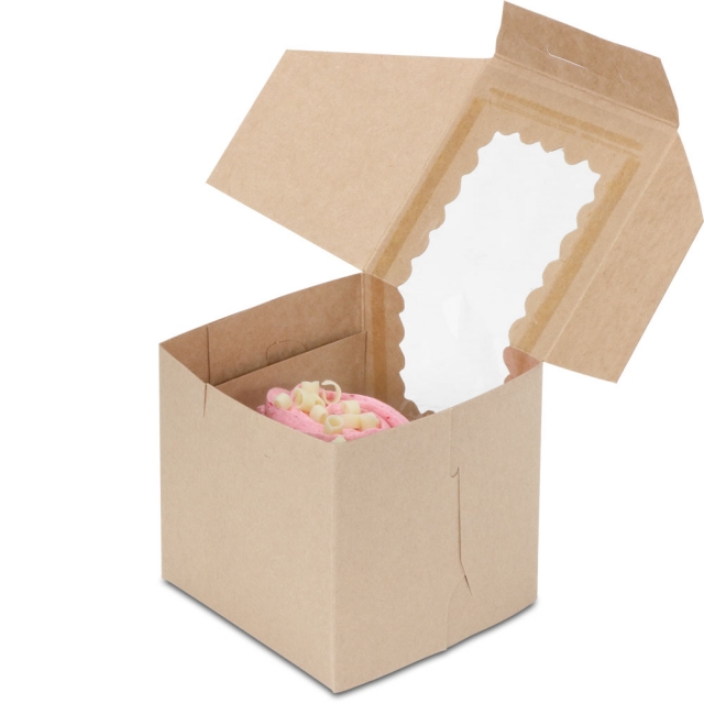 4 x 4 x 4" Recycled Brown Kraft Individual Cupcake Bakery Boxes with Window