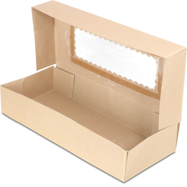 12.5 x 5.5 x 2.25" Premium Semi-Automatic Brown Kraft Bakery Boxes with Window