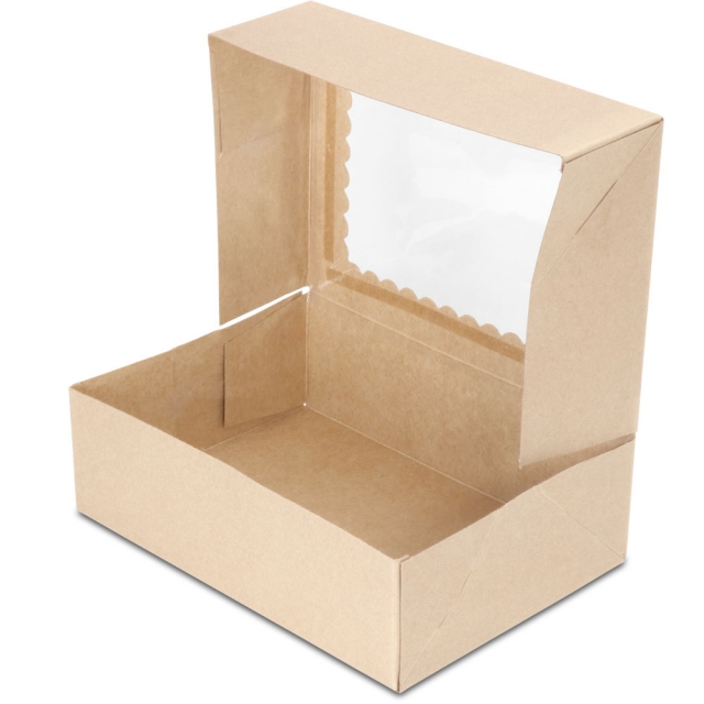 8 x 5.75 x 2.5" Premium Semi-Automatic Brown Kraft Bakery Boxes with Window