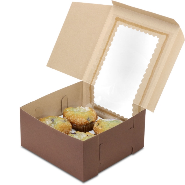 8 X 8 X 4" Chocolate Brown Cupcake Bakery Boxes with Window