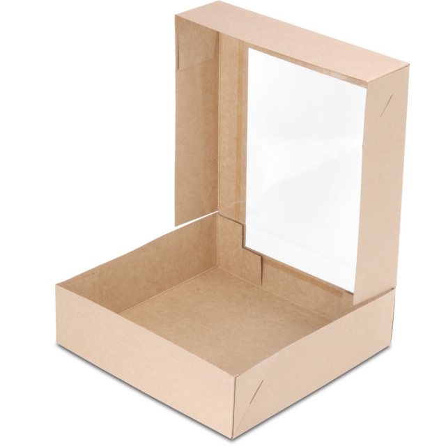 9 x 9 x 2.5" Semi-Automatic Recycled  Brown Kraft Bakery Boxes with Waterfall Window