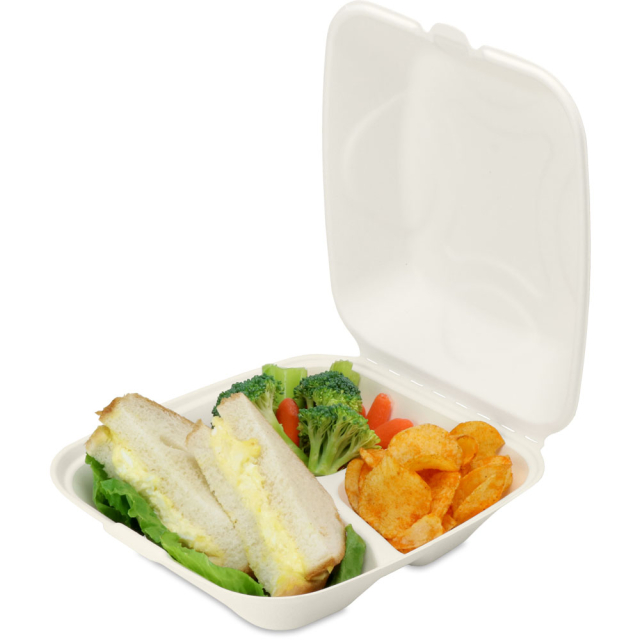 8 x 8 in. Compostable Clamshell Takeout Box 3 Compartment (Sugarcane / Bagasse)