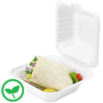 6 x 6 x 3 in. White Sugarcane Clamshell Hinged Takeout Box