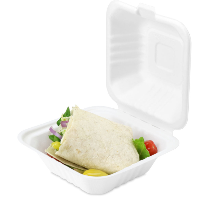 6 x 6 x 3 in. White Sugarcane Clamshell Hinged Takeout Box