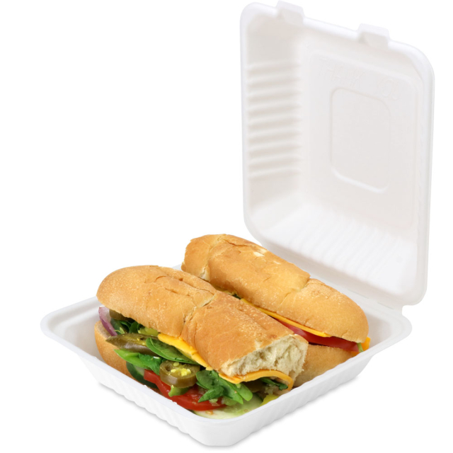 8 x 8 x 3 in. White Sugarcane Clamshell Hinged Takeout Box