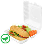 8 x 8 x 3 in. 3 Compartment White Sugarcane Clamshell Hinged Takeout Box