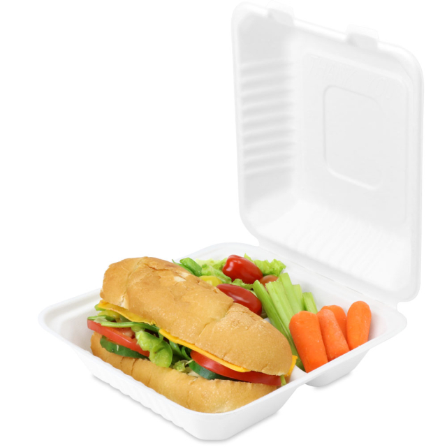 8 x 8 x 3 in. 3 Compartment White Sugarcane Clamshell Hinged Takeout Box