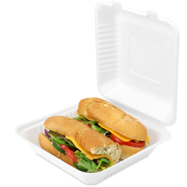 9 x 9 x 3 in. White Sugarcane Clamshell Hinged Takeout Box