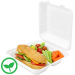 9 x 9 x 3 in. 3 Compartment White Sugarcane Clamshell Hinged Takeout Box