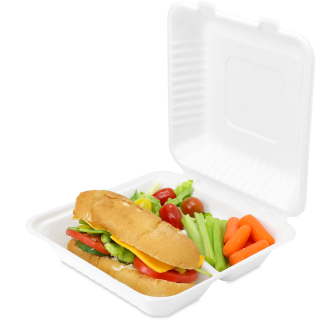 9 x 9 x 3 in. 3 Compartment White Sugarcane Clamshell Hinged Takeout Box