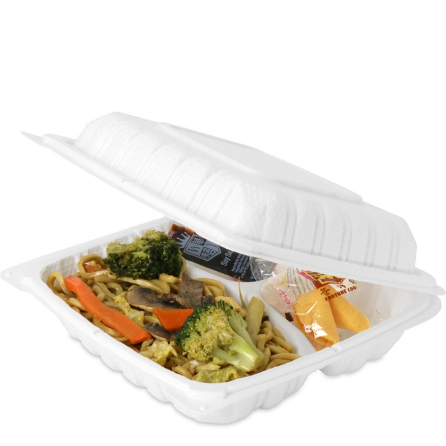 3 Compartment White Hinged Clamshell Takeout Containers (Mineral Plastic) - 8 x 8 x 2.7 in.