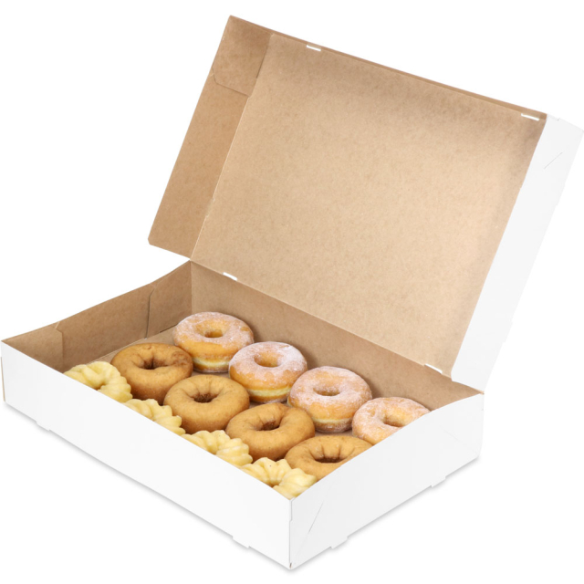 17 x 11 x 3" - White Donut Bakery Boxes With Natural Kraft Interior - Automatic One-Piece Design