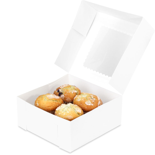 9 x 9 x 4" Premium Semi-Automatic White Deep Donut Bakery Boxes with Top Window