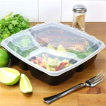 48 oz. 3-Compartment Square Plastic Food Container with Lid Vents - Black Base/Clear Lid