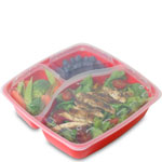 48 oz. 3 Compartment Meal Prep / Takeout Container w. Lid Vents - Red Base / Clear Lid