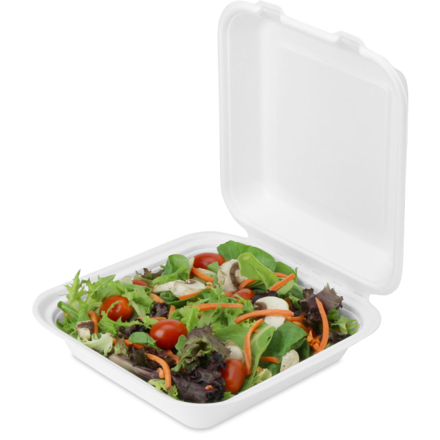 Sturdy Value Sugar Cane Clamshell Hinged Takeout Box - 8 x 8.5 x 2.75 in.