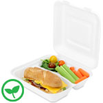 Sturdy Value Three Compartment Sugar Cane Clamshell Hinged Takeout Box - 9 x 9 x 3 in.